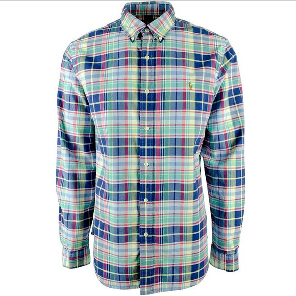 POLO RALPH LAUREN NAVY GREEN SLIM FIT PLAID OXFORD SHIRT - Picture 2 of 2